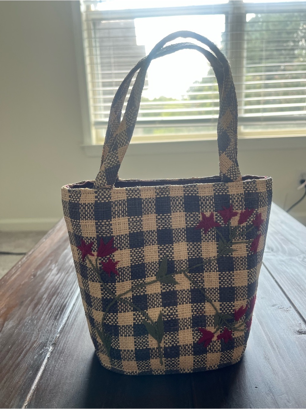 Woven Navy-Check Floral Tote Bag